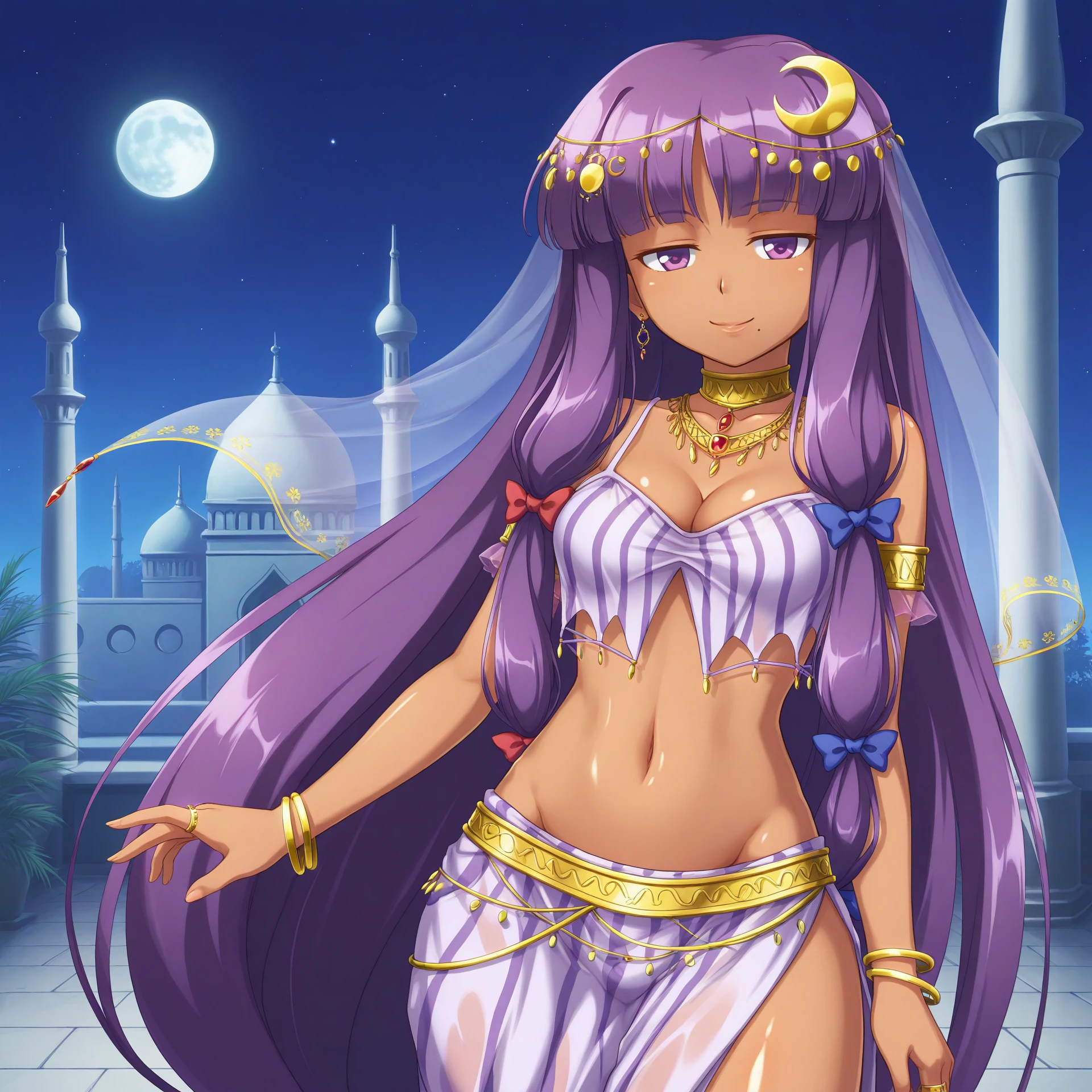 vscore_9, score_8_up, score_7_up, score_6_up, score_5_up, score_4_up, 2d, anime, anime artstyle, simple shadows, flat coloring, flat shadows, thick lines, <lora:Arabian_architecture_-_Illustrious:1>, arabian architecture, 1girl, solo, long hair, breasts, looking at viewer, smile, hair ornament, bow, ribbon, navel, cleavage, bare shoulders, jewelry, medium breasts, very long hair, purple eyes, collarbone, purple hair, hair bow, earrings, sky, alternate costume, choker, midriff, shiny, dark skin, necklace, mole, bracelet, dark-skinned female, groin, see-through, shiny skin, night, moon, ring, crescent, star (sky), night sky, veil, mole under mouth, full moon, toned, crescent hair ornament, dancer, arabian clothes, patchouli knowledge, outdoors