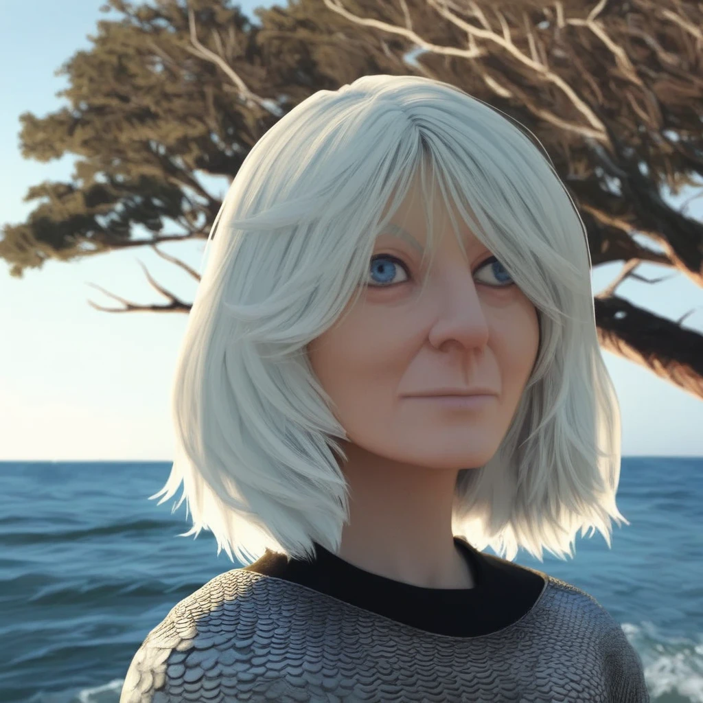chainmail, blue eyes, short hair, shirt, ocean, granny, medium hair, upper body, portrait, male focus, nose, tree