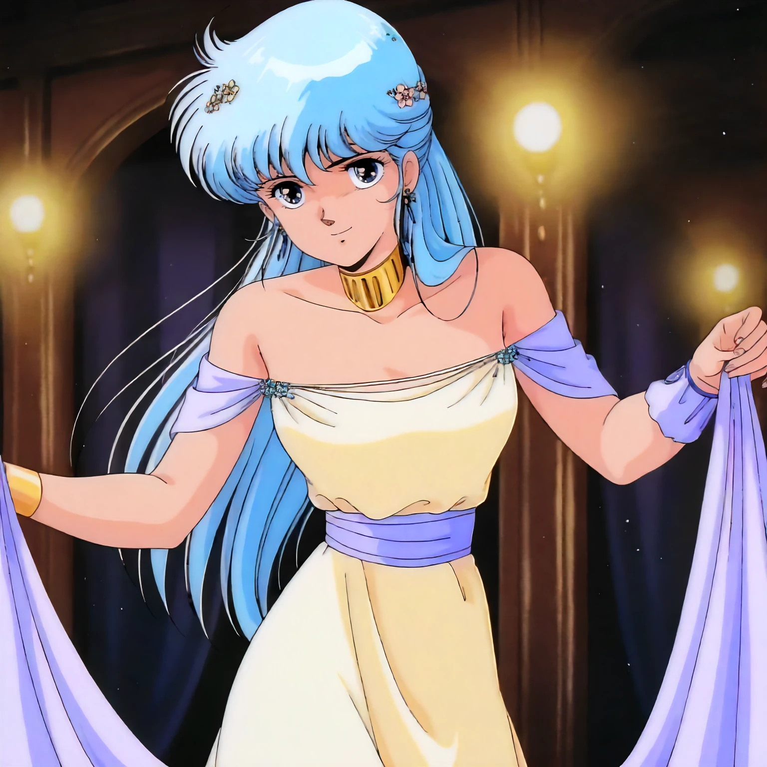 <lora:LDF_flairXLIllustrious004>,
underwear only,masterpiece,best quality,good quality,newest,
detailed background,glitter,
smile,
looking at viewer,
solo,
anime coloring,1990s \(style\),
flair\(lyon_densetsu_flare\),1girl,light blue hair,long hair,half updo,blue eyes,
earrings,gold choker,
flower hair ornament,
light yellow dress,strapless_dress,sleeveless,purple sash,
chiffon armband,arms decoration cloth,shawl,
standing,