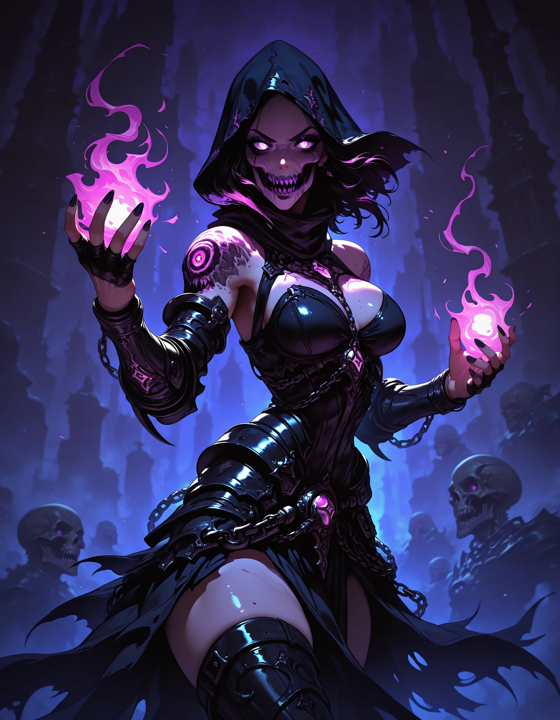 Necromancer Mage short purple straight hair without bangs with smile red lipstick and with light blue eyes