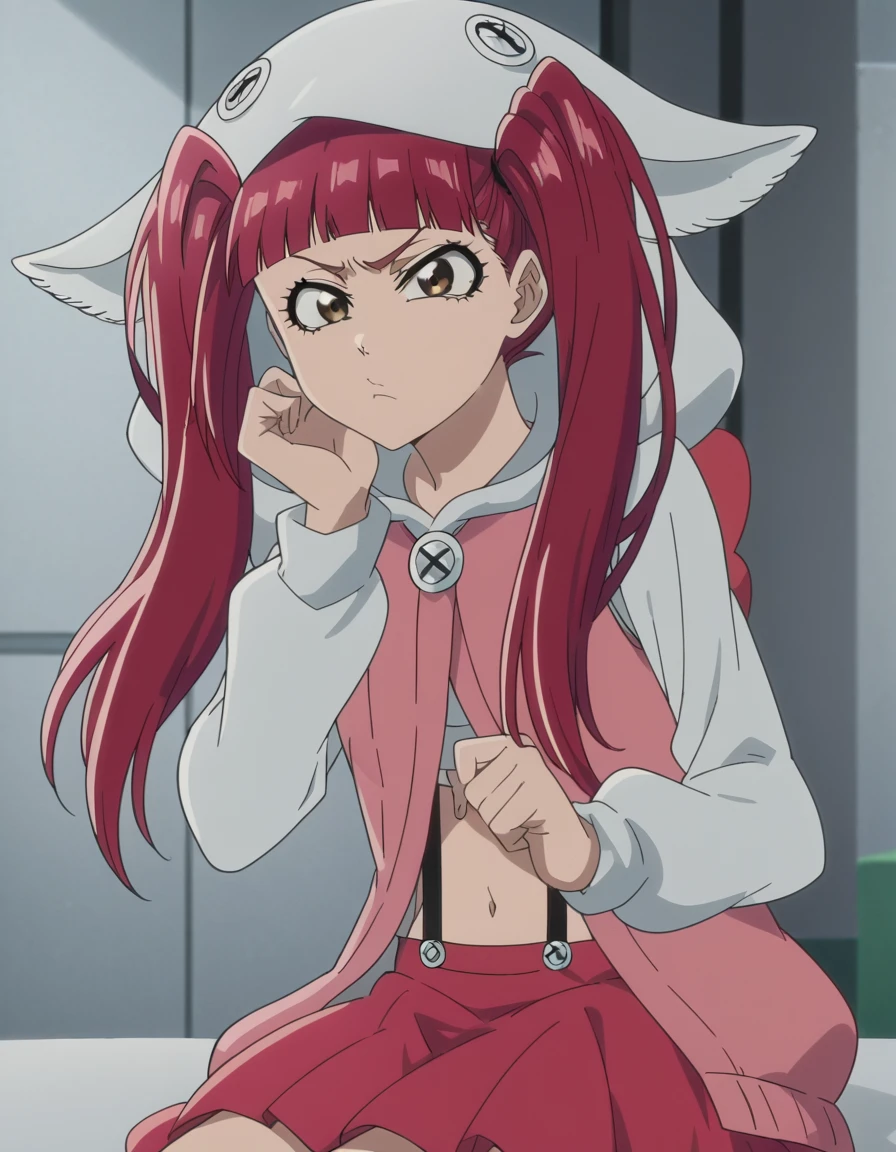 score_9, score_8_up, score_7_up, source_anime, <lora:riruka-dokugamine-tybw-ponyxl-lora-nochekaiser:1>, riruka dokugamine, long hair, bangs, twintails, red hair, blunt bangs, brown eyes, medium breasts, anime screencap, skirt, long sleeves, hat, navel, midriff, hood, red skirt, suspenders,, hotel, rooms, lobby, guests, beds, , sitting, head rest, table,, looking at viewer, solo,, cowboy shot, solo
