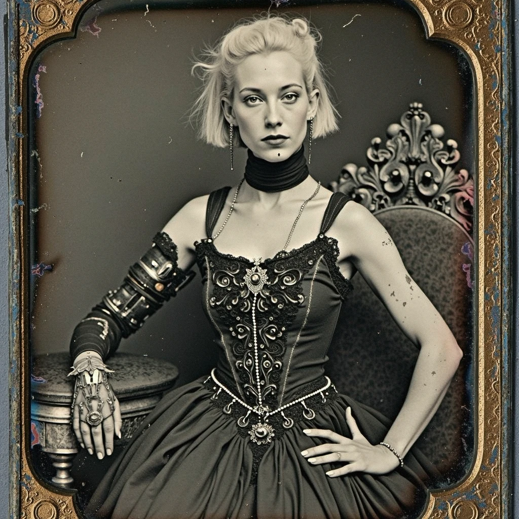 Daguerreotype plate photo, distressed, damaged, degraded, black and white, sepia tinted,A poised cyberpunk woman with blonde hair and various cybernetic implants on her face and arms. She is seated elegantly in a Victorian-inspired armchair, wearing a high-necked futuristic dress with intricate glowing patterns woven into the fabric. Her hair is styled in a sophisticated updo, accented with metallic pins and a small, luminous headpiece. One arm is sleek and robotic, with delicate, articulated fingers holding a glowing orb. The backdrop features a blend of Victorian wallpaper and faint holographic projections. The image is rendered in a tarnished Daguerreotype style with visible scratches, sepia tones, and a soft vignette, framed in a weathered, ornate metallic border.