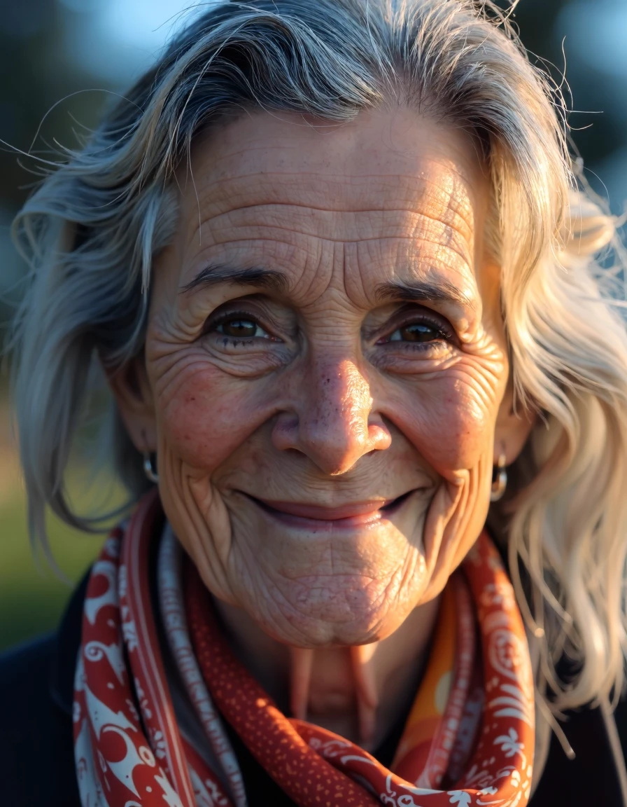 A portrait of an elderly woman with deeply detailed wrinkles, wearing a patterned scarf, smiling softly under golden-hour lighting.