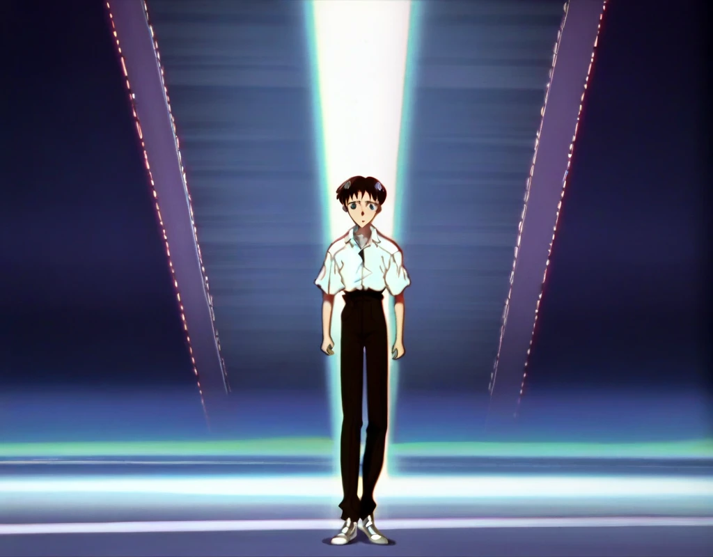 90s, Anime screencap, Evangelion, masterpiece, glowing lines, neon, full body shot,
(Shinji Ikari), looking at viewer, running toward, white collared shirt, black casual pants,
<lora:add-detail-xl:1> <lora:clean90sanime_pony11:0.8>