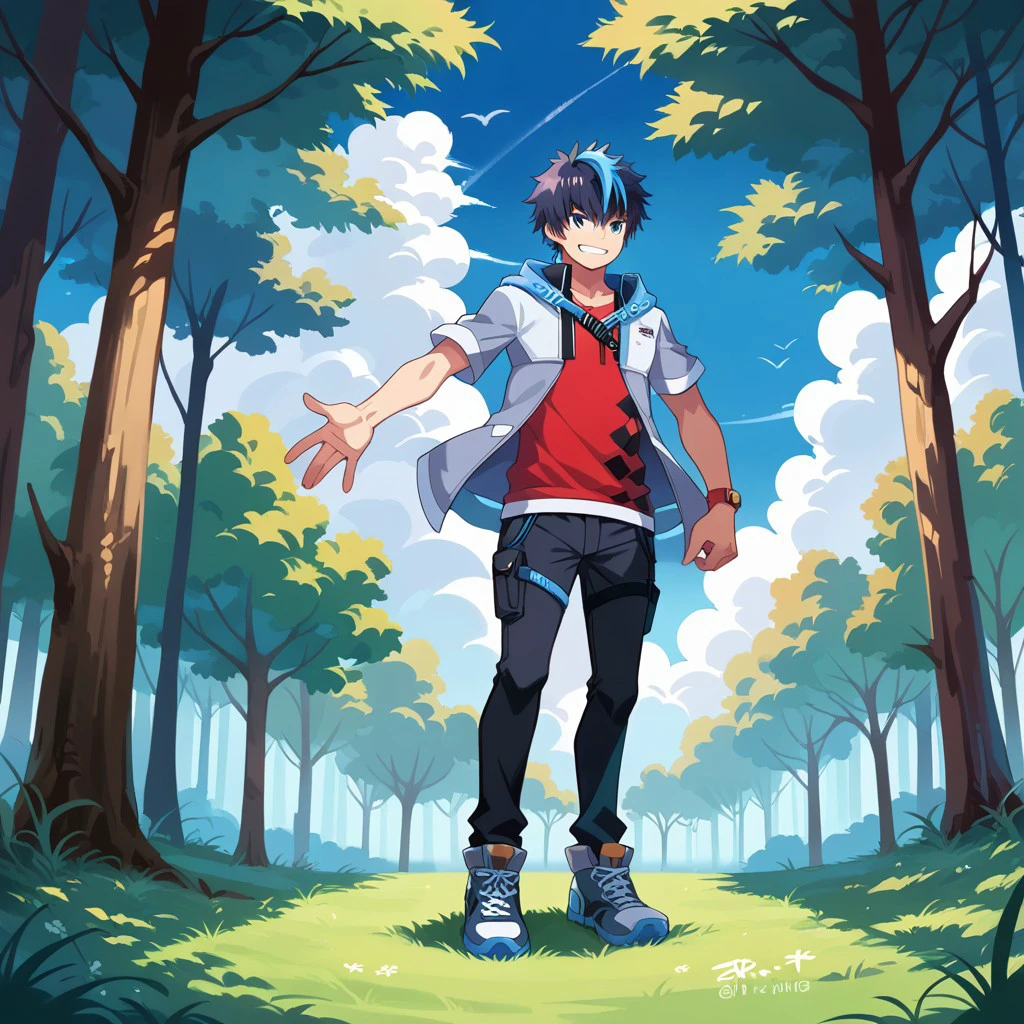 1boy, solo, score_9, score_8_up, score_7_up, source_anime, takuto_dwno, black hair, multicolored hair, red shirt, black pants, gray jacket, fists clenched, bicep flex, full body, smile, digital forest background, trees, sky, clouds, grass, looking at viewer