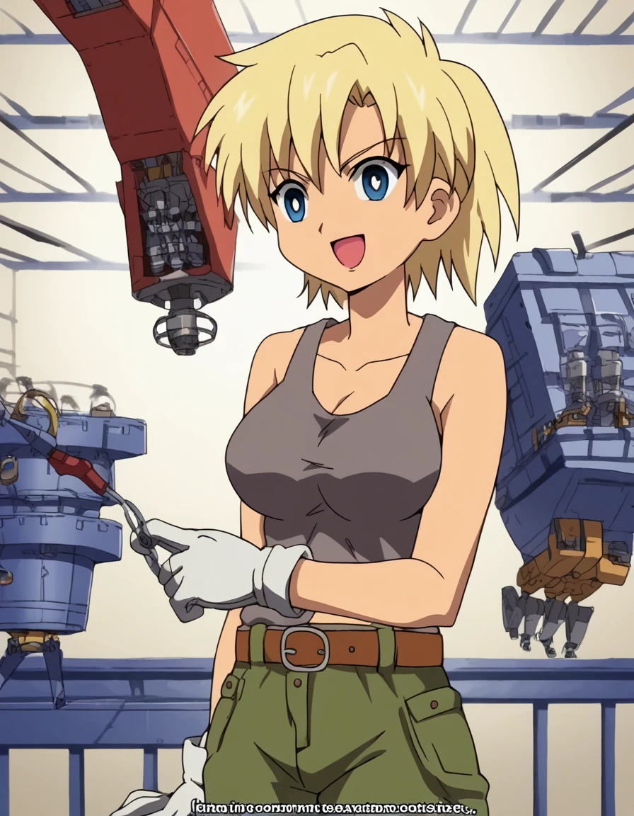 score_9, score_8_up, score_7_up, source_anime, <lora:seimii-s1-ponyxl-lora-nochekaiser:1>, seimii, short hair, blonde hair, blue eyes, large breasts, anime screencap, gloves, midriff, belt, pants, white gloves, tank top,, factory, machines, workers, assembly, production, , <lora:seyana-ponyxl-lora-nochekaiser:1> seyana, seyana (meme), gyari (imagesdawn) (style), sunburst background, sunburst, meme, emphasis lines, bright pupils, empty eyes, white pupils, smile, open mouth, looking at viewer, solo,, cowboy shot, solo