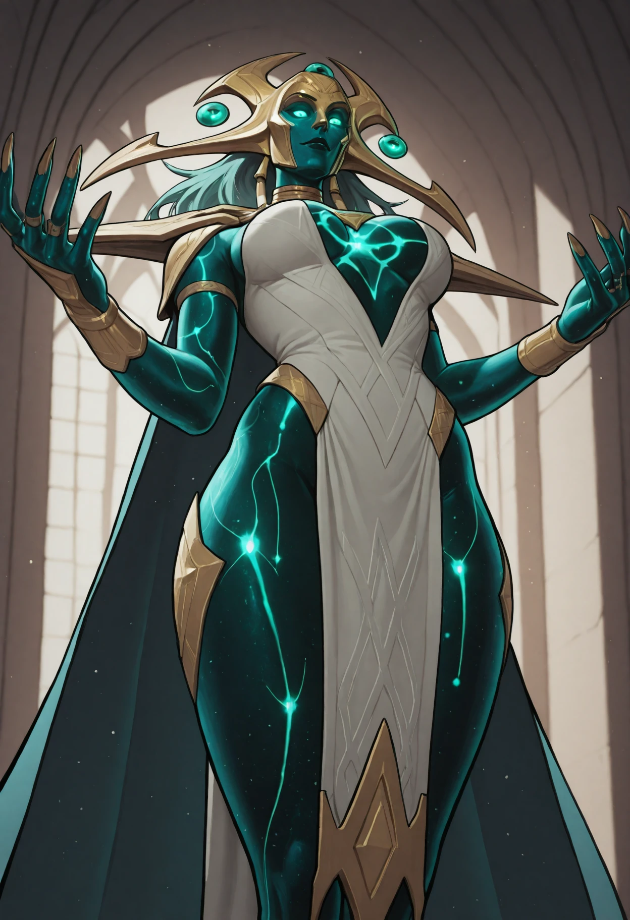 c4rtoonime, helac0smos, 1girl, glowing eyes, ethereal body, colored skin, white dress, pelvic curtain, cape, anime, cartoon, best quality, masterpiece, <lora:CartoonimeNSFWBiblical:1>, <lora:HelaCosmos:0.8>