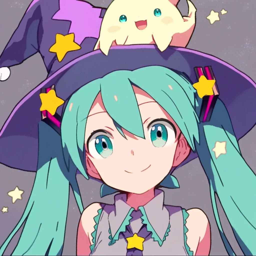 score_8, score_8_up, score_7_up, source_anime, anime screenshot, pokemon (creature), 1other, 1girl, powaso, ghost, ghost tail, wizard hat, purple headgear, star (symbol), pom pom (clothes), pom pom hat ornament, hat ornament, Hatsune Miku, aqua hair, twintails, aqua eyes, necktie, collared shirt, animal on head, smile, looking at viewer,