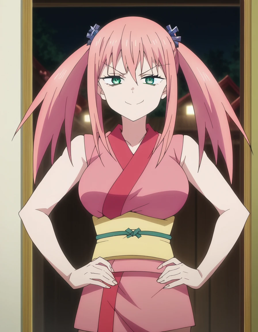 score_9, score_8_up, score_7_up, source_anime, <lora:shakuyaku-s2-ponyxl-lora-nochekaiser:1>, shakuyaku, hair ornament, twintails, green eyes, pink hair, large breasts, anime screencap, japanese clothes, kimono, obi, sash, sleeveless, pink kimono,, dressing room, mirror, lights, costumes, makeup, , smug, hand on own hip,, looking at viewer, solo,, cowboy shot, solo