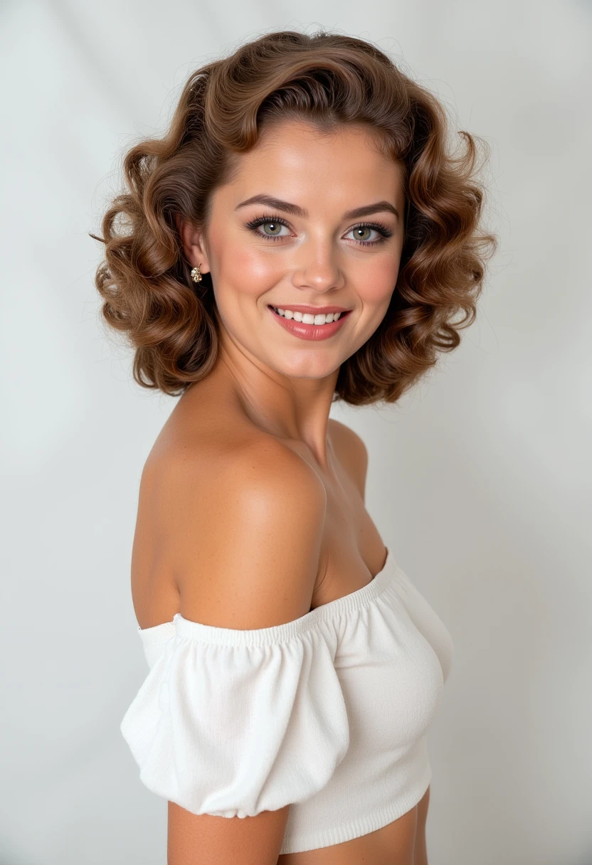 headshots, multiple angles,, retro50s_style, photoshoot poses; the image is a portrait of a young woman. she is standing. she has piercing eyes. She is wearing a white off-the-shoulder blouse with ruffled sleeves. She has happy look on her face. she is laughing with her mouth open. The background is a simple white wall. The overall mood of the image is happy.RAW candid cinema,16mm,color graded portra 400 film,remarkable color,ultra realistic,textured skin,remarkable detailed pupils,realistic dull skin noise,visible skin detail,skin fuzz,dry skin,shot with cinematic camera,detailed skin texture,(blush:0.2),(goosebumps:0.3),subsurface scattering,beautiful photograph in the style of Augustus John,Sergio Toppi,Virginia Frances Sterrett,8k HD,detailed skin texture,ultra realistic,textured skin,analog raw photo,cinematic grain,whimsical.perfection style