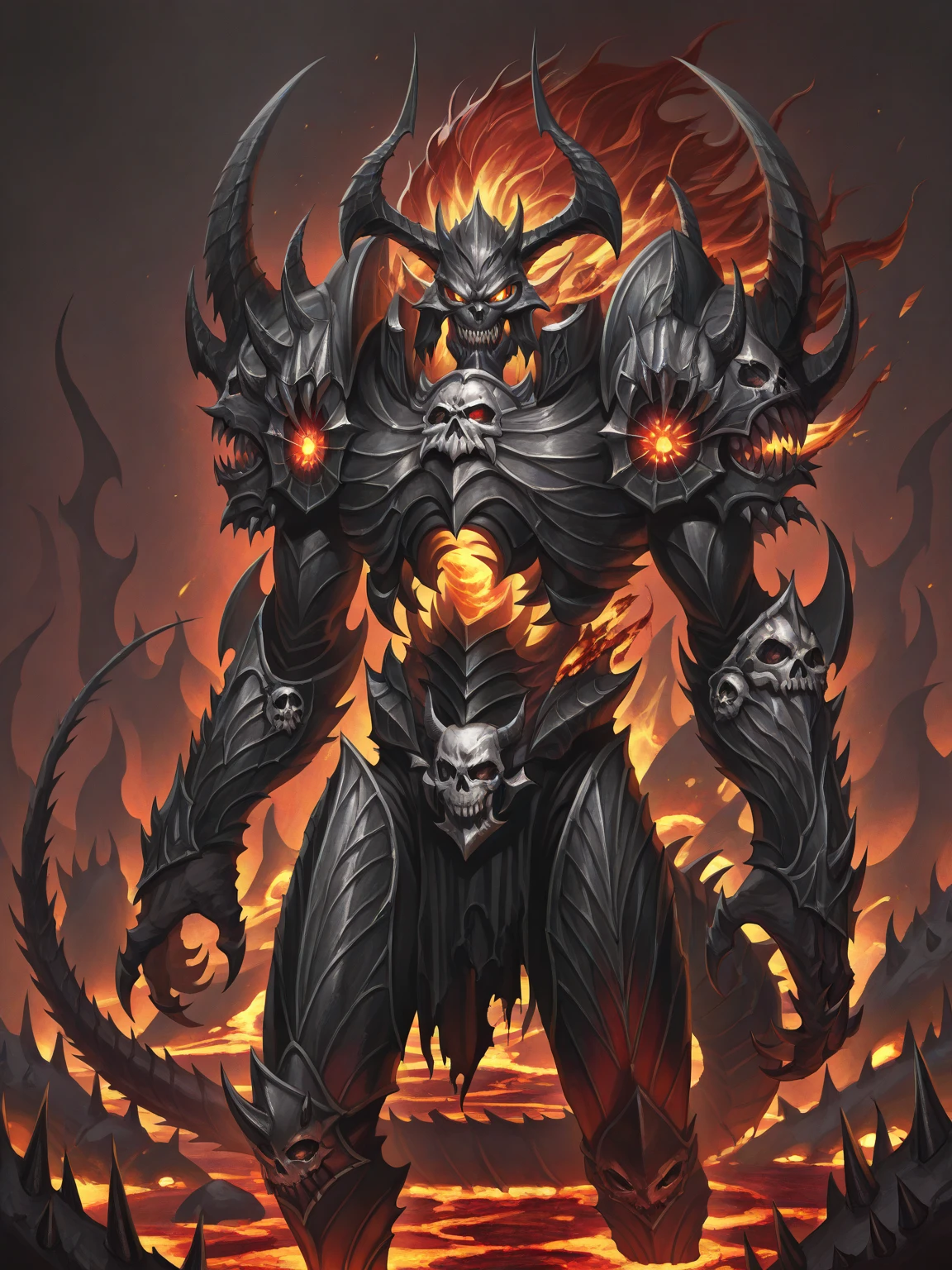 Masterpiece,best quality,,cowboy shot,inner fire,inferno background,lava, wearing edgDemoness, solo, simple background, 1boy, standing, tail, horns, teeth, no humans, glowing, sharp teeth, claws, spikes, monster <lora:edgDemonessILS-000003:1>
edgDeathKnight, a demonic_armor ,wearing edgDeathKnight armor,
<lora:edgArmoredIllustrious:1>