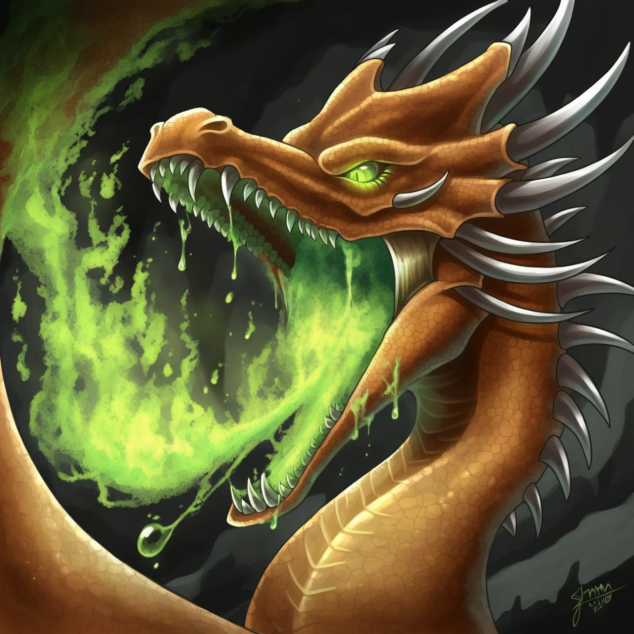 score_9, score_8_up, score_7_up, rustdragon, dragon, green eyes, spikes, open mouth, sharp teeth, close up, head and shoulders portrait, acid spit, spitting acid, breathing out acid, stream of acid, acid splash, acid breath, dragon breath, fire breath, green fire, acid fire, fire acid, pyro acid, liquid fire, <lora:Might__Magic_Collection:0.8> inricate details, detailed, high quality artwork, detailed background, cave,