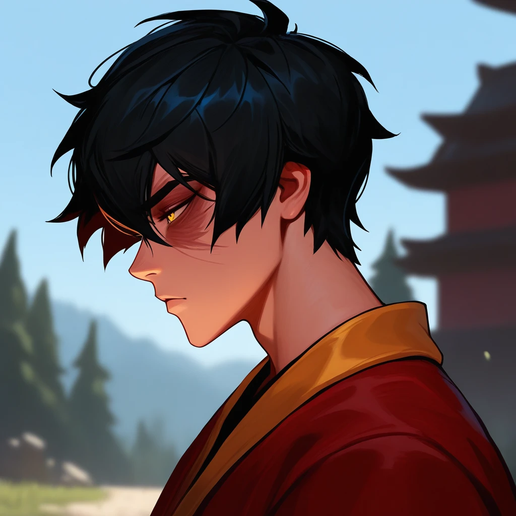 masterpiece, best quality, newest, absurdres, highres,
man, solo, zuko, black hair, yellow eyes, scar across eye, upper body, outdoors, side view, front view