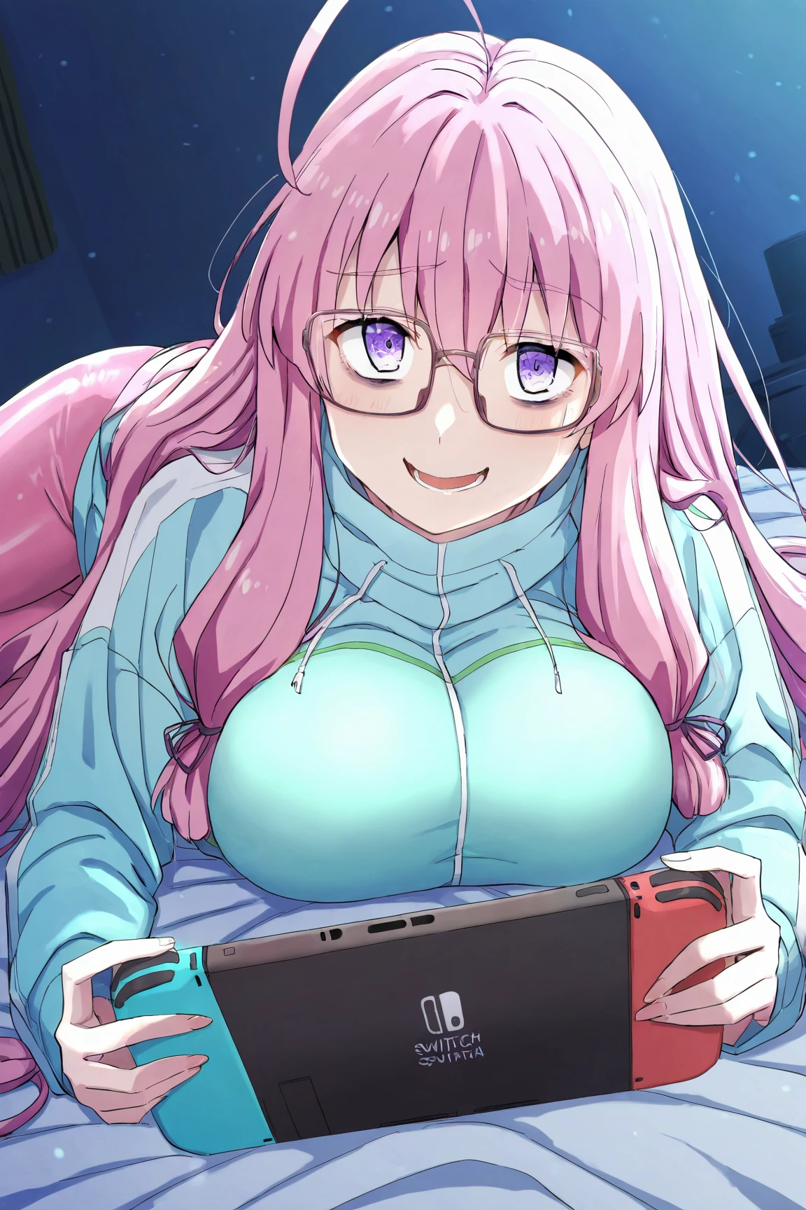 masterpiece, best quality, absurdres, highres, cinematic light, 1girl, <lora:ideura_shizuri:1>, shizuri_wz, very long hair, pink hair, sidelocks, ahoge, hair ornament, purple eyes, glasses, large breasts, pink bodysuit, track jacket, two-tone jacket, blue jacket, white jacket, neet de otaku na kunoichi to naze ka dousei hajimemashita, indoors, room, looking at viewer, crazy smile, bags under eyes, unkempt, on bed, lying, holding nintendo switch,  <lora:shirane_nanimo:1> shirane_nanimo_style