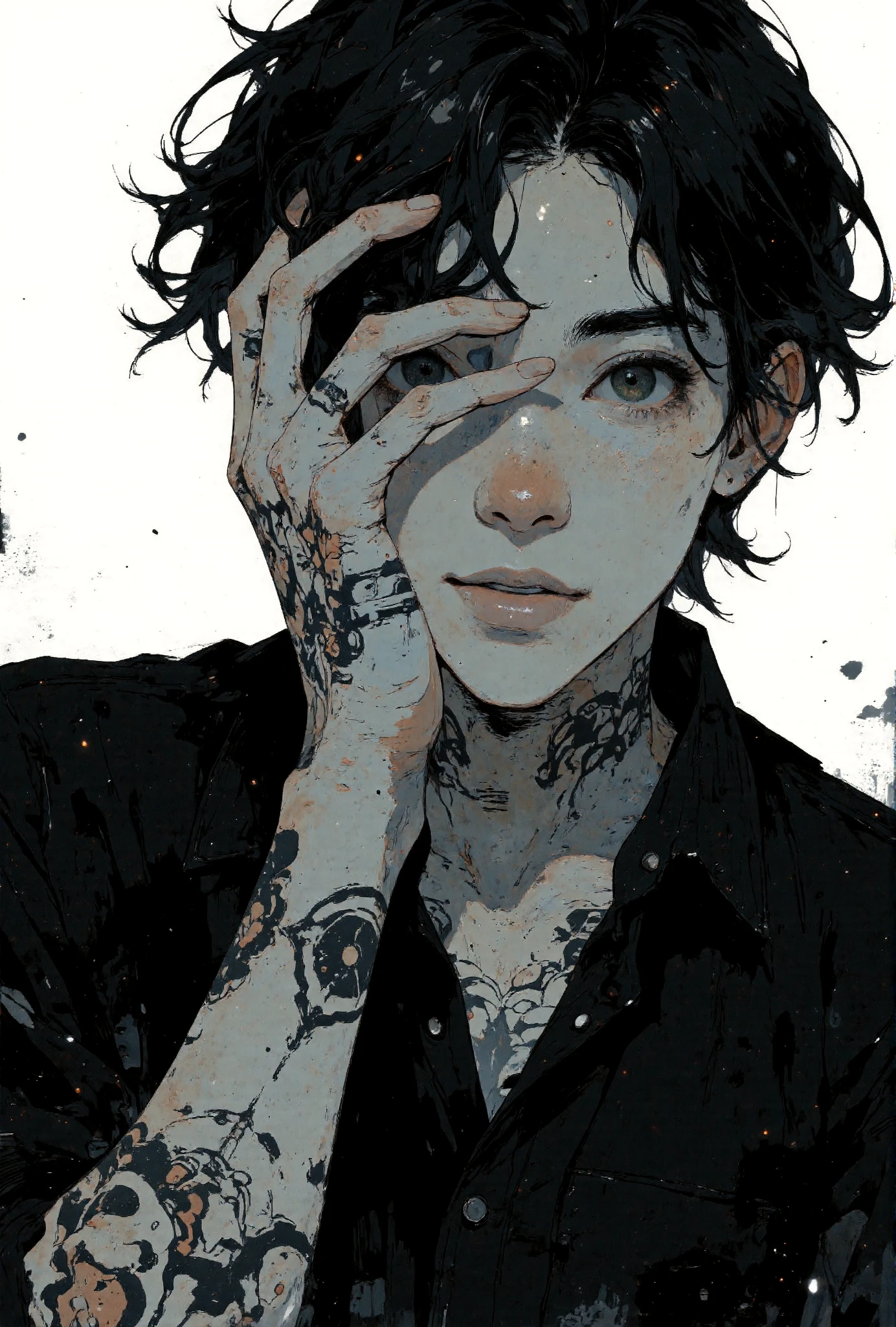 A highly detailed anime-style illustration of a stylish man with white skin. The man has messy, wavy dark hair that falls slightly over his forehead, and he is wearing a casual black shirt. His hand is resting on his face, partially covering one eye, and displaying intricate tattoos on his wrist and fingers. His confident smile conveys a sense of charm and playfulness.
The background is minimalist, with a soft gradient that emphasizes the subject. The illustration uses a monochromatic black-and-white palette with subtle mid-tones, creating strong contrasts between light and shadow. The lighting is soft and evenly distributed, highlighting the man's facial features and tattoos, while maintaining a calm and stylish atmosphere.
<lora:Anime v1.3:1.2> <lora:Blue_Future:0.9> <lora:Ethereal_Brush_Anime_v1.0:0.6> <lora:It's a LoRA for portraits, BUT! actually specialized in backgrounds. v1.0:0.2> <lora:Dark_and_sentimental:0.7>