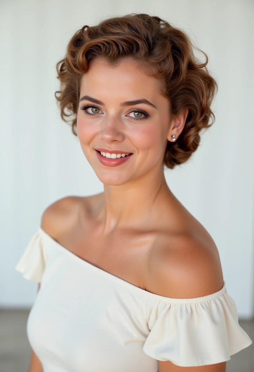 headshots, multiple angles,, retro50s_style, photoshoot poses; the image is a portrait of a young woman. she is standing. she has piercing eyes. She is wearing a white off-the-shoulder blouse with ruffled sleeves. She has happy look on her face. she is laughing with her mouth open. The background is a simple white wall. The overall mood of the image is happy.RAW candid cinema,16mm,color graded portra 400 film,remarkable color,ultra realistic,textured skin,remarkable detailed pupils,realistic dull skin noise,visible skin detail,skin fuzz,dry skin,shot with cinematic camera,detailed skin texture,(blush:0.2),(goosebumps:0.3),subsurface scattering,beautiful photograph in the style of Augustus John,Sergio Toppi,Virginia Frances Sterrett,8k HD,detailed skin texture,ultra realistic,textured skin,analog raw photo,cinematic grain,whimsical.perfection style