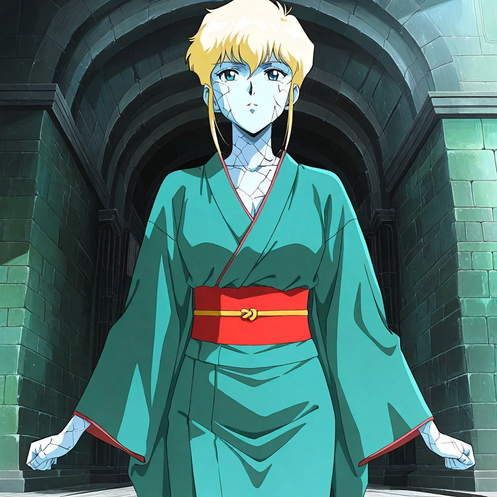 masterpiece, best quality, newest, absurdres, highres, anime, anime style, vintage anime, 90s anime, 1girl, EarthelementalIL-V1.0, stone skin, stone, kimono, green kimono,