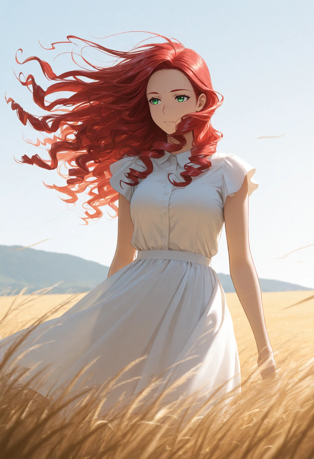 1girl, green eyes, curly red long hair, flowing hair, wind, best quality, masterpiece, <lora:HairFlowIllustrious:0.8>