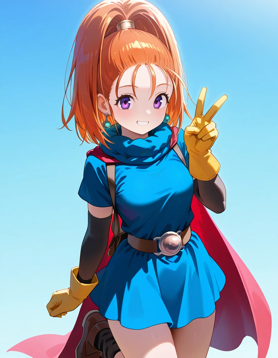fighting Barbara,solo,white_panties,(shoot from below),(wind from below),thundercloud,dq6barbara
high ponytail
dress
cape
yellow gloves
belt
jewelry
earrings