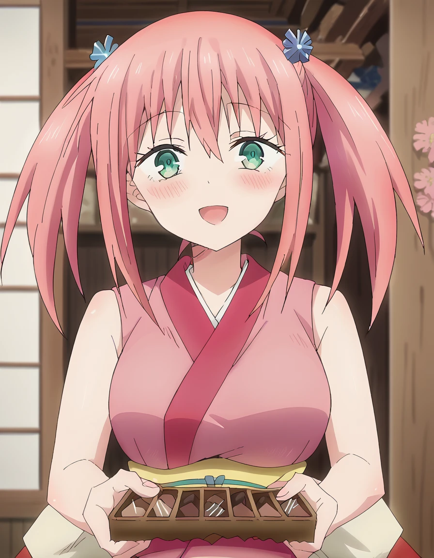 score_9, score_8_up, score_7_up, source_anime, <lora:shakuyaku-s2-ponyxl-lora-nochekaiser:1>, shakuyaku, hair ornament, twintails, green eyes, pink hair, large breasts, anime screencap, japanese clothes, kimono, obi, sash, sleeveless, pink kimono,, gym storeroom, equipment, supplies, cleaning, storage, , <lora:incoming-chocolate-ponyxl-lora-nochekaiser:1> incoming food, chocolate, holding, holding chocolate, holding food, food, looking at viewer, open mouth, blush, smile, school uniform,, looking at viewer, solo,, cowboy shot, solo