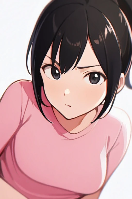 1girl, white background, upper body, medium shot, (half body:1.5), <lora:Kak_Ros_UpinIpin:1> kak_ros, black hair, black eyes, ponytail, pink shirt, looking at viewer, medium breasts, (angry:0.3)