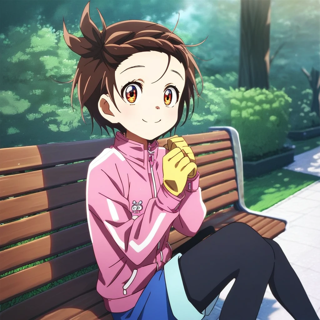 score_9, score_8_up, score_7_up, source_cartoon, prefect lighting, very aesthetic, intricate details, highly detailed background, high quality, perfect hands, best quality, 1girl, solo, yuitsuka inori, medalist, brown hair, one side up, braided bangs, brown eyes, outdoors, park, pink jacket, yellow gloves, blue shorts, black pantythose, pink shoes, sitting on bench, looking at viewer, smile, park, tree, bush, grass,