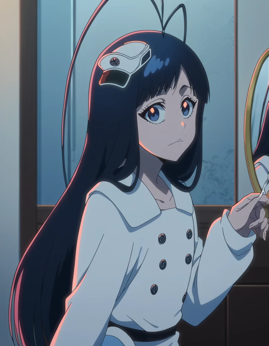 score_9, score_8_up, score_7_up, source_anime, <lora:giselle-gewelle-tybw-ponyxl-lora-nochekaiser:1>, giselle gewelle, long hair, bangs, black hair, blue eyes, antenna hair, otoko no ko, anime screencap, long sleeves, dress, white dress, buttons, black pantyhose,, salon, chairs, mirrors, scissors, beauty, , from side, looking at viewer, solo,, cowboy shot, solo