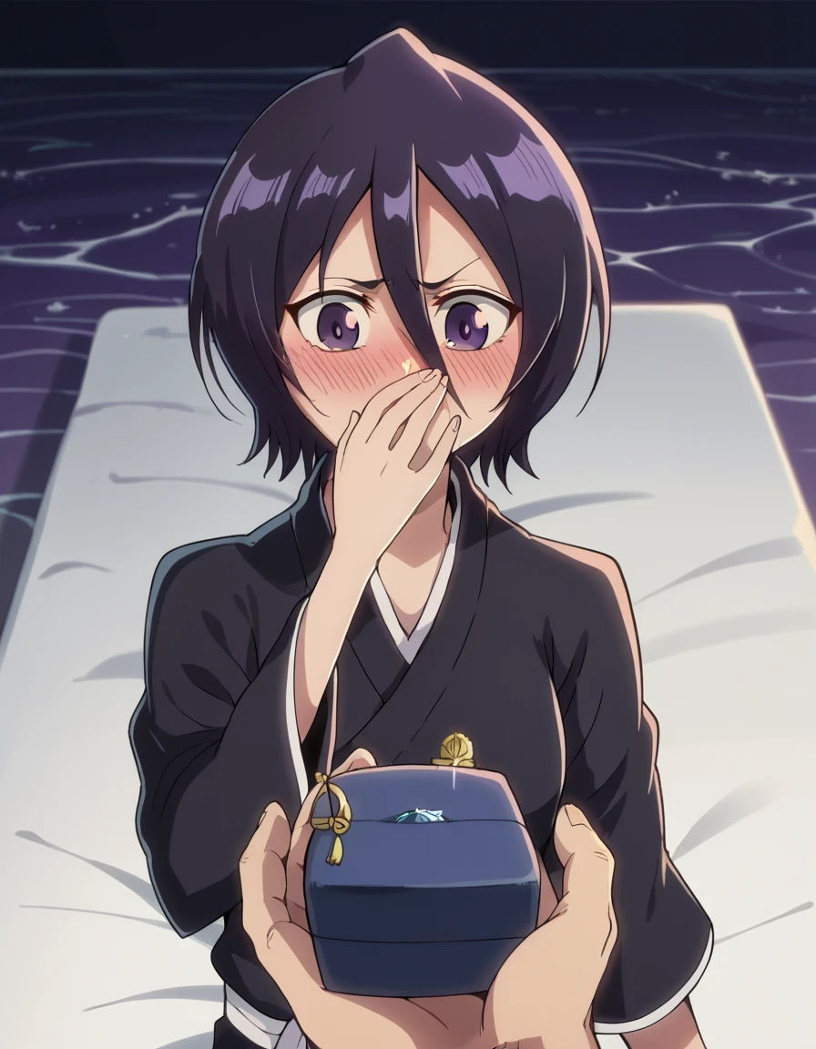score_9, score_8_up, score_7_up, source_anime, <lora:rukia-kuchiki-tybw-ponyxl-lora-nochekaiser:1>, rukia kuchiki, black hair, hair between eyes, purple eyes, short hair, medium breasts, anime screencap, japanese clothes, kimono, hakama, black kimono, long sleeves, wide sleeves,, jetty, water, boats, dock, narrow, smile, <lora:ring-box-ponyxl-lora-nochekaiser:1>, ring box, holding box, pov, pov hands,, blush, covering mouth, embarrassed, blush, bed room,, looking down, cowboy shot,, looking at viewer, solo,, cowboy shot, solo