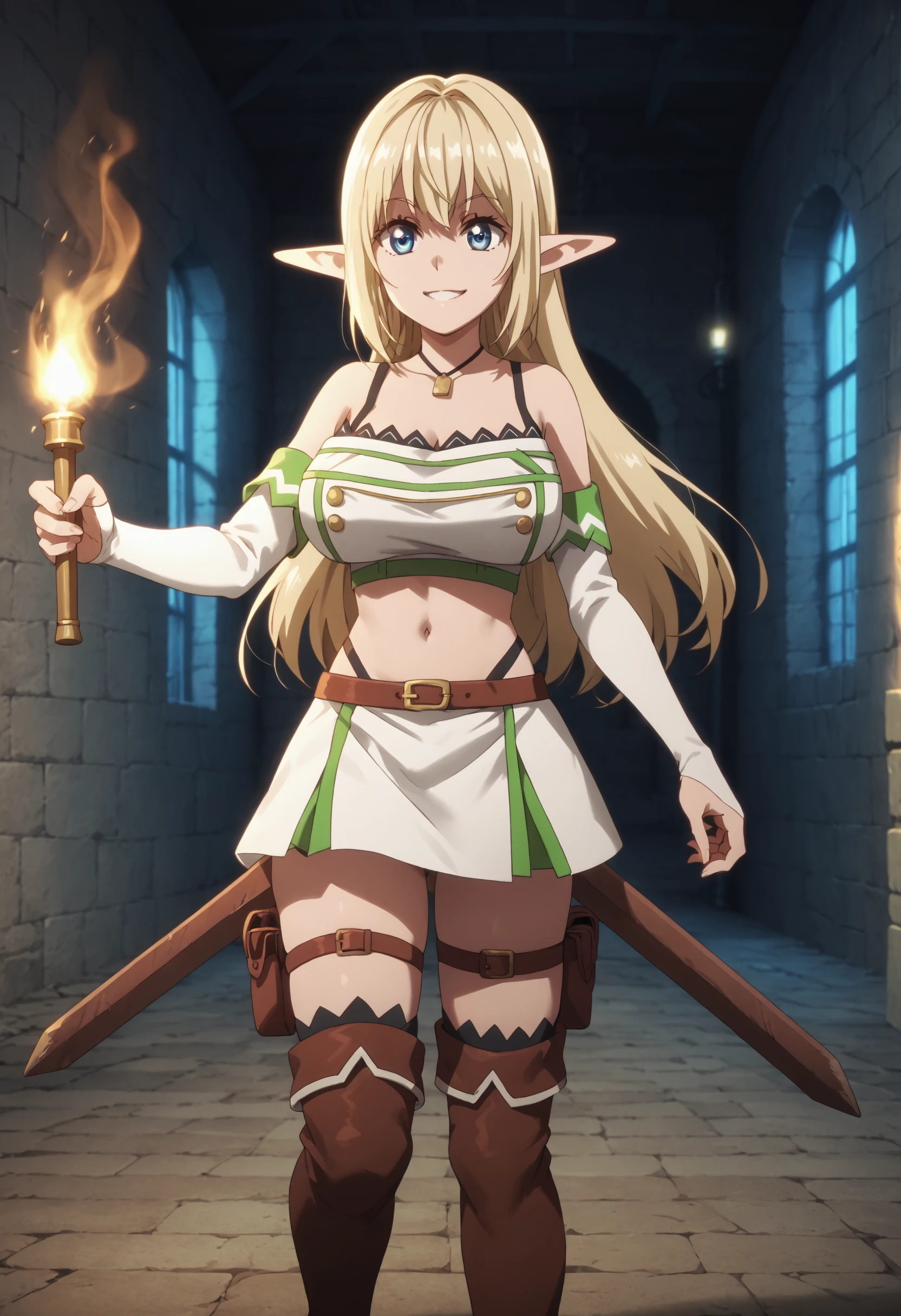 score_9, score_8_up, score_7_up, source_anime, high res image, masterpiece, best quality, anime style,1girl,woman, detailed eyes, blonde hair, long hair, elf, thigh boots, thighhighs, blue eyes, miniskirt, bangs, midriff, smile, goblins, dungeon, thigh boots, midriff,holding sword, goblin, fight, miniskirt, bridal gauntlets,holding torch,srankbehemoth_aria,,detailed eyes