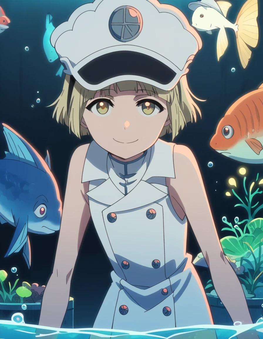 score_9, score_8_up, score_7_up, source_anime, <lora:liltotto-lampered-tybw-ponyxl-lora-nochekaiser:1>, liltotto lampered, short hair, blonde hair, yellow eyes, anime screencap, thighhighs, hat, sleeveless, uniform,, aquarium, water, fish, tanks, blue, smile, leaning forward,, looking at viewer, solo,, cowboy shot, solo