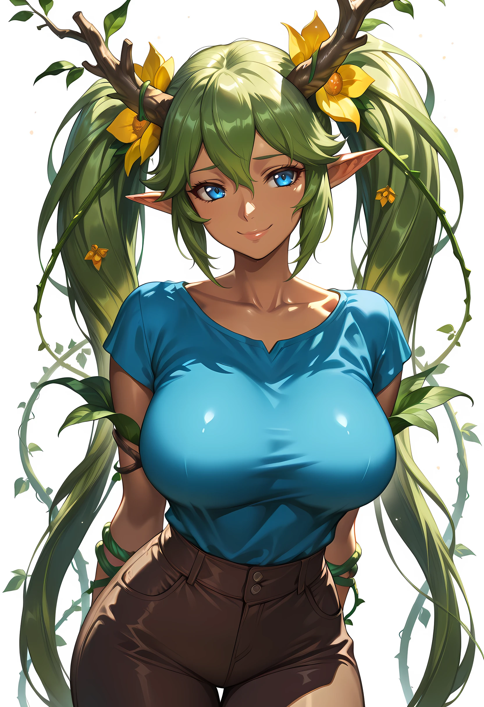 Smooth Quality - Illustrious, Masterpiece, source_anime, woman, pretty, beautiful, slim, curvy, pointy ears, dryad girl, dryad, plant girl, monster girl, vines around arms, tan skin, brown skin, small tree branch horns, flowers in hair, blue eyes, green hair, twin tails, lips, large breasts, shy smile, blue shirt, brown pants, posing, unique pose, white background, neutral background, plain background, vivid colors, shiny and glossy, anime style, high-res, beautiful aesthetic, very intricate, high-quality details, vibrant, highly detailed, award-winning, professional,