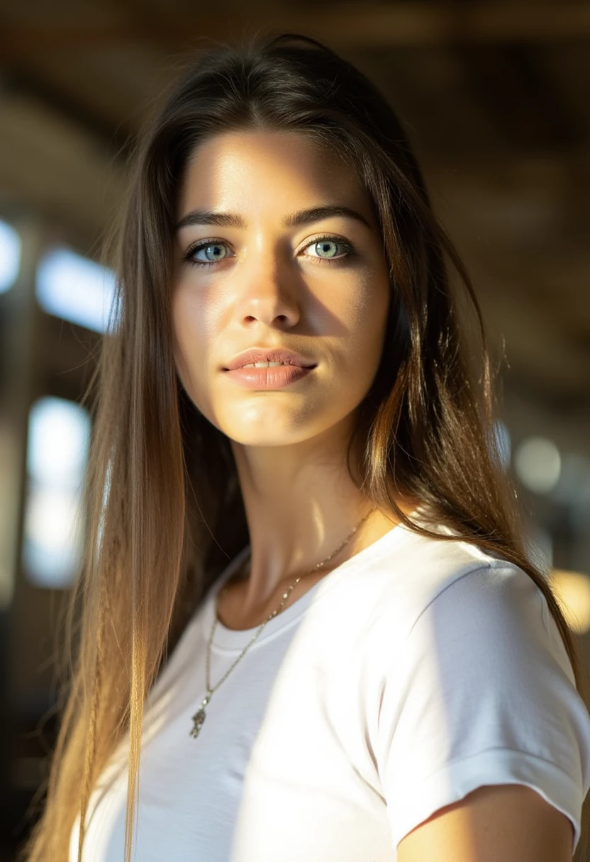 This is a high-resolution photograph of a young Caucasian woman with light skin, straight, medium-length brown hair, and striking blue eyes. She is in her early twenties, with a slender, athletic build. Her facial features are symmetrical, with a slightly upturned nose, full lips, and a serene expression. The photograph captures her profile from the left side, with the right side of her face in sharp focus and the background slightly blurred to emphasize her. She is wearing a white t-shirt, and a thin silver necklace with a small pendant is visible around her neck. The background appears to be a large, open structure with metal beams and windows, possibly a barn or a similar agricultural setting, bathed in sunlight that creates strong shadows and highlights. The sunlight also enhances her natural glow, giving her skin a smooth, healthy texture. The image has a warm, natural lighting that accentuates her features and the textures around her, making the photograph both intimate and serene. B4RB0R4S