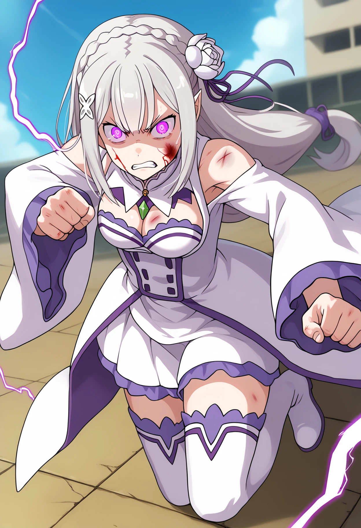 score_9, score_8_up, score_7_up, source_anime,
BREAK
<lora:shiEmiliaV2:1> shimilia, long hair, grey hair, purple eyes, pointy ears, crown braid, hair flower, hair ribbon, purple ribbon, x hair ornament, white dress, cleavage, bare shoulders, wide sleeves, white thighhighs, thigh boots,
<lora:shiMotionSupportV1:1>,
shimotiondef, shicomicsupport, motion blur, motion lines, speed lines,
punching, scar, blood on face, bruise, fighting stance, injury, messy hair, eye trail, light trail,
clenched hand, angry, torn clothes, shaded face, glowing eyes,
full body, sky, pants, day, cloud, blue sky,
clenched teeth, serious, sweatdrop,
film grain, depth of field, electricity, chromatic aberration, veins, blurry,
looking at viewer, pov,