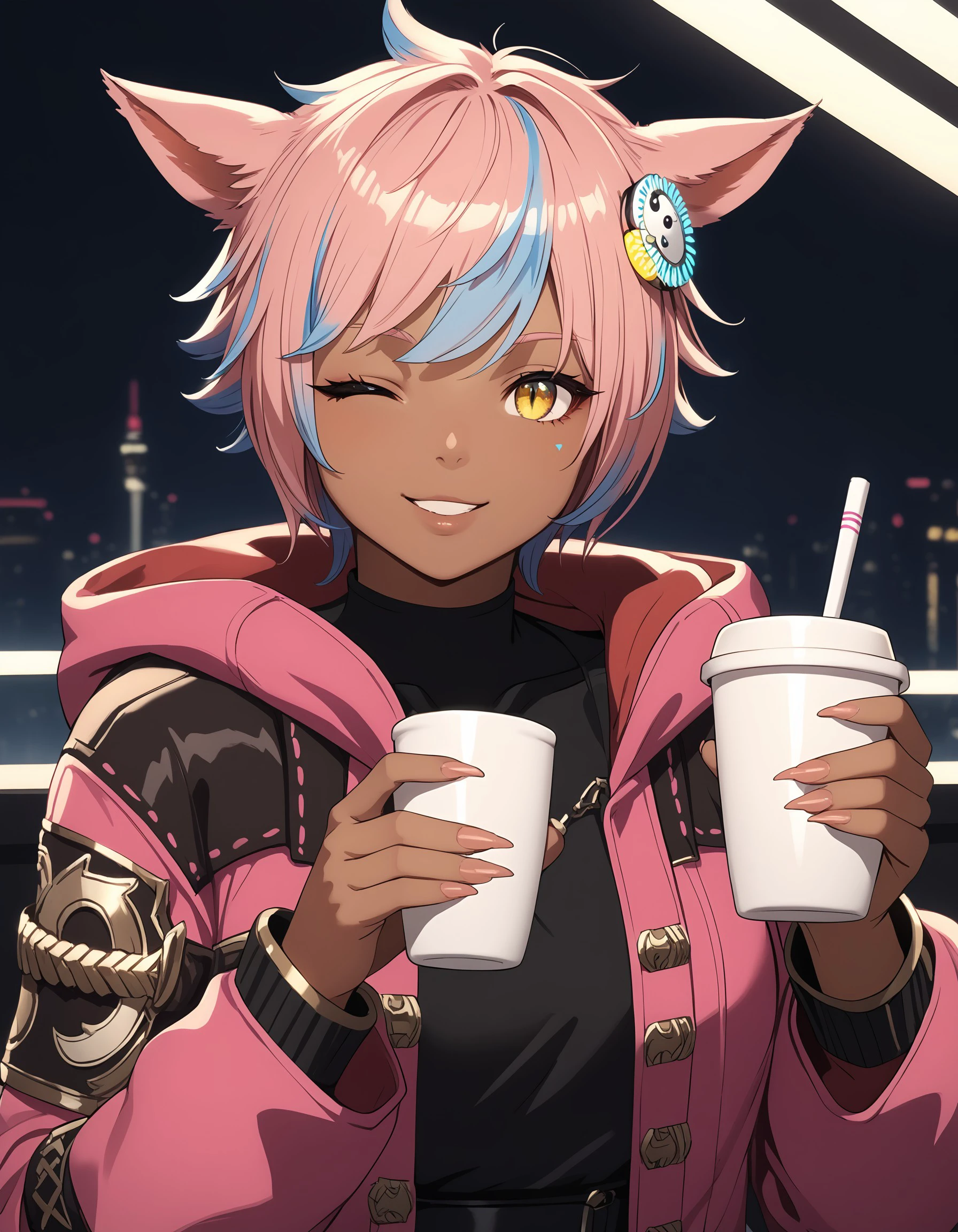 score_9, score_8_up, score_7_up, score_6_up, score_5_up, score_4_up, BL4CKC4TD5K, miqo'te, animal ears, 1girl, one eye closed, solo, ornament, resonator, dark skin, cat ears, blue hair, multicolored hair, yellow eyes, pink hair, slit pupils, smile, dark-skinned female, looking at viewer, short hair, fingernails, upper body, streaked hair, holding cup, holding, jacket, facial mark, cup, hood, parted lips, bangs, two-tone hair, black shirt, <lora:3b3da377-9f27-4a25-8dd4-94585a8a4fc9:0.7>