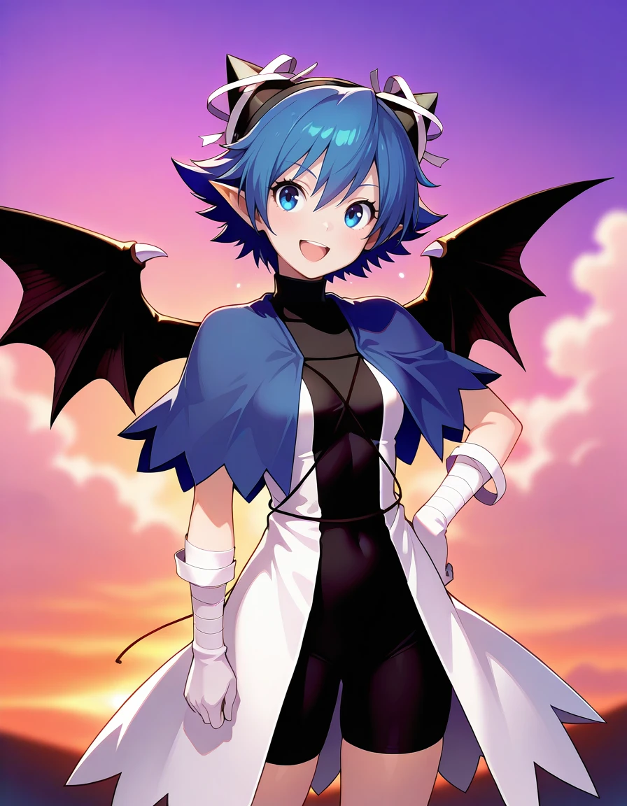 <lora:DHERivieraserene_SDXL_illustrious_fp16_ver01:1>,DHERivieraserene, 1girl, blue hair, short hair, horns, blue eyes, pointy ears, bat wings, blue capelet, dress, turtleneck, gloves, bike shorts, bandages, smile,upper body, open mouth, hand on hip, masterpiece, best quality, very aesthetic, absurdres,<lora:detailed_hands:1>,hand