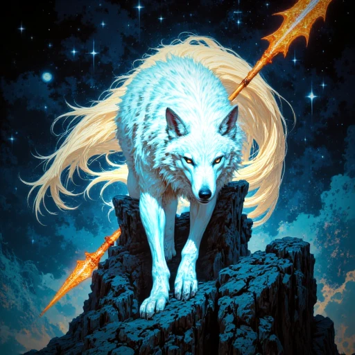 arctic wolf, orange hues, spear, blue hues, animal companion