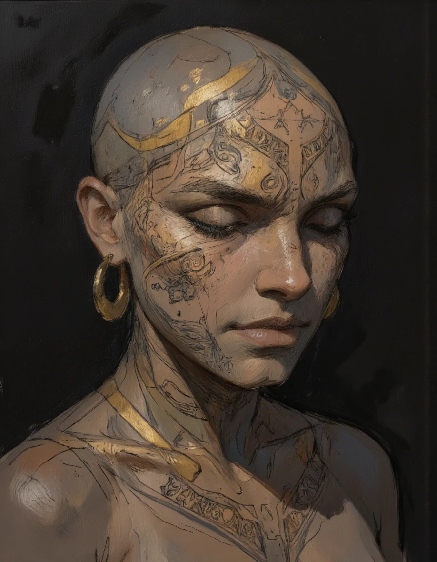 Close up portrait in Ev Ganin II style.
This is a highly detailed, surrealistic watercolor painting of a close-up of a person's upper torso and head. The subject is a bald woman with dark skin, adorned with intricate, tribal-style tattoos that cover her entire face and chest. The tattoos are done in a gold and black color scheme, with elaborate patterns and geometric designs that include symmetrical swirls, triangles, and abstract shapes. The woman's facial features are barely discernible due to the extensive tattooing, which extends from her forehead, around her eyes, and down to her lips. Her eyes are closed, and her expression is calm and serene. She wears large gold hoop earrings and has a slight smile, adding a subtle, serene expression to her face. The background is completely black, which contrasts sharply with the gold and black tattoos, making them stand out prominently. The lighting is soft and diffused, highlighting the smooth texture of the skin and the intricate details of the tattoos. The overall style of the artwork is contemporary and abstract, with a strong emphasis on geometric patterns and bold, contrasting colors.  <lora:Ganin_II:1.0>