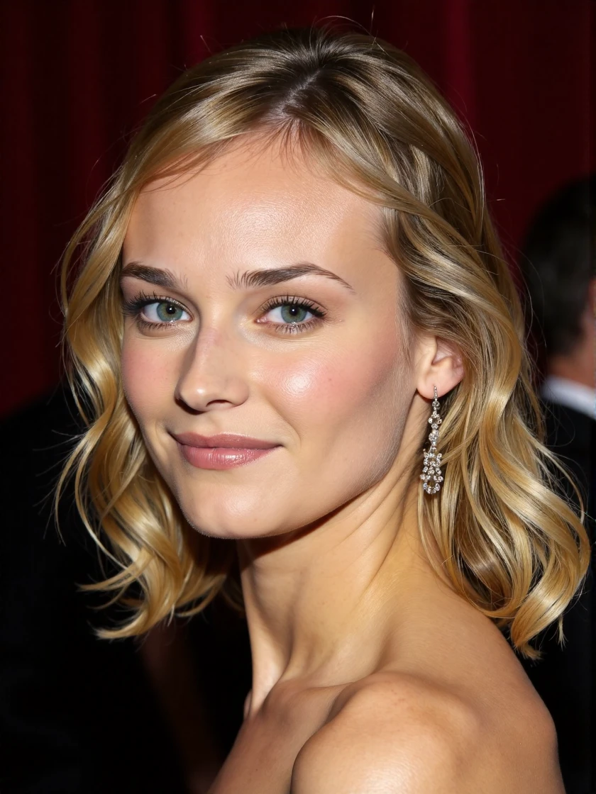 <lora:Diane_Kruger_Ca2002:1> woman, blonde <lora:zz_s_Stylish_Lighting:0.5> <lora:zz_s_Fluxartis:0.5> A highly detailed cinematic photography a close-up profile photograph, looking back, smiling, wavy, tinted hair, well-groomed and styled, cascading in soft waves, background is a blurred view of an awards ceremony, emphasizing the texture and color variations in the hair, overall effect is natural and elegant, showcasing the beauty of the hair in a detailed and artistic manner, lighting effects, diffused lighting on skin, skin pores, matte skin, skin imperfections., extreme close-up, zoomed, focus on face, centered, macro shot, face centered, focus on eyes, looking directly at the viewer, looking directly at the camera, making eye contact, looking straight ahead, modest clothes, modest apparel, chest covered, modesty <lora:zz_s_Chest_Size_Slider:-2>âââ