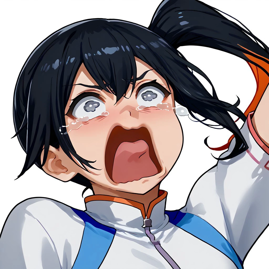 solo, 1girl, shiki_dwno, long black hair, multicolored hair, side ponytail, gray eyes, aquascreaming, screaming, open mouth, crying with eyes open, absurdres, 4kres, source_anime, score_7_or_higher, freebos_smoothiestyle