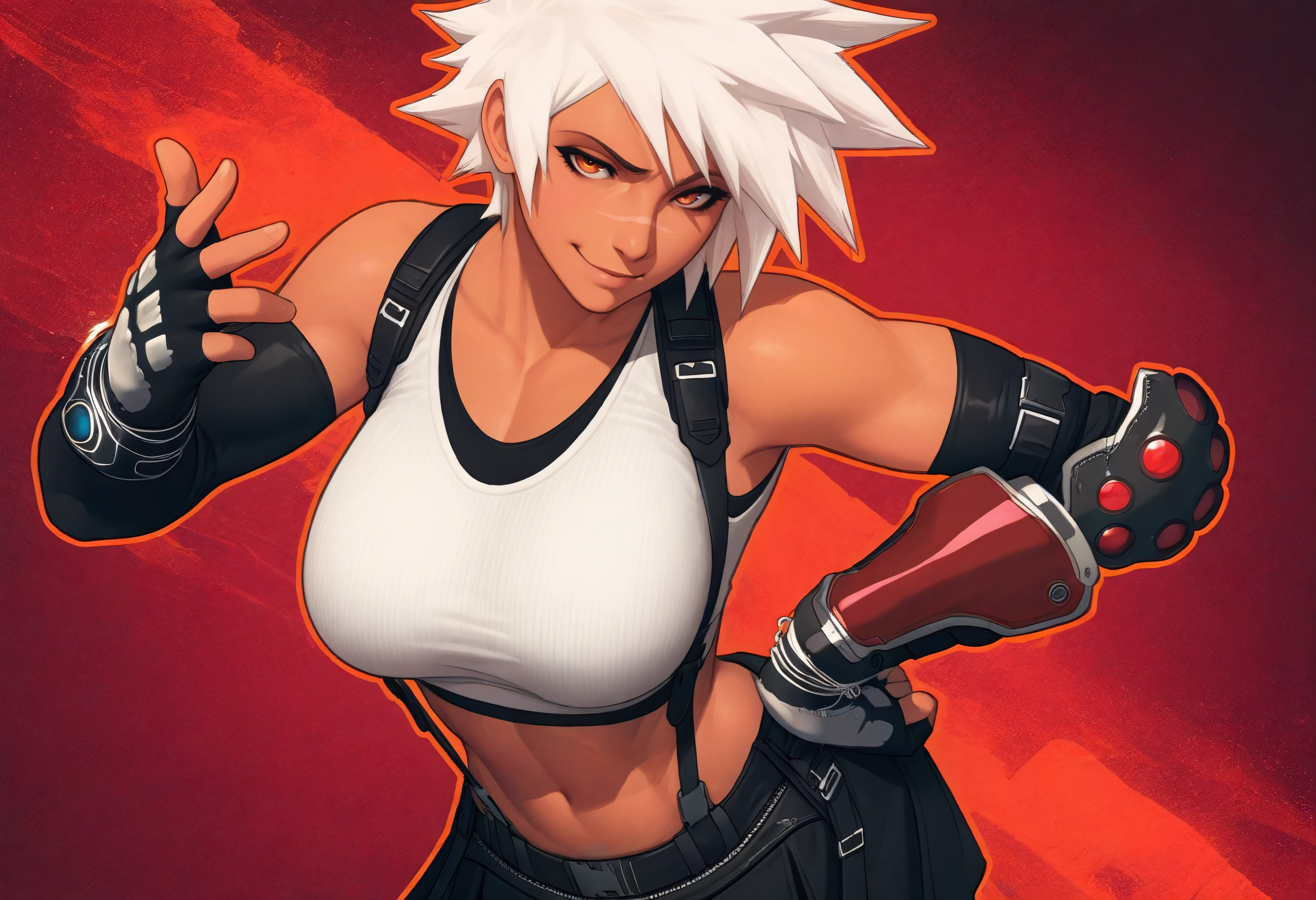 masterpiece, best quality, very aesthetic, abstract background,1girl,bltbb, large breasts, dark-skinned female, white hair, short hair, orange eyes, scar on face,spiked hair,alternate costume,cosplay,tifa lockhart \(cosplay\),crop top,elbow gloves,fingerless gloves,suspenders,skirt,toned,looking at viewer,head tilt,raised eyebrow,smirk, hand on hip,leaning to the side,foreshortening <lora:bltbb_n11:0.8>