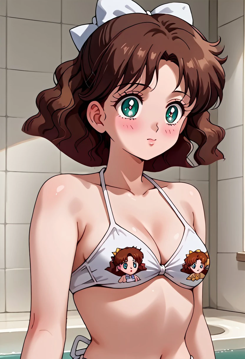 full_details, Very detailed pic, (1 girl, cute face, alone, brown hair, medium hair, wavy hair, bun, hair bow, teal eyes, detailed pupils, medium breasts), (white bikini, bikini, two-piece, anime print bikini, anime multi-face print), indoors, bathroom background