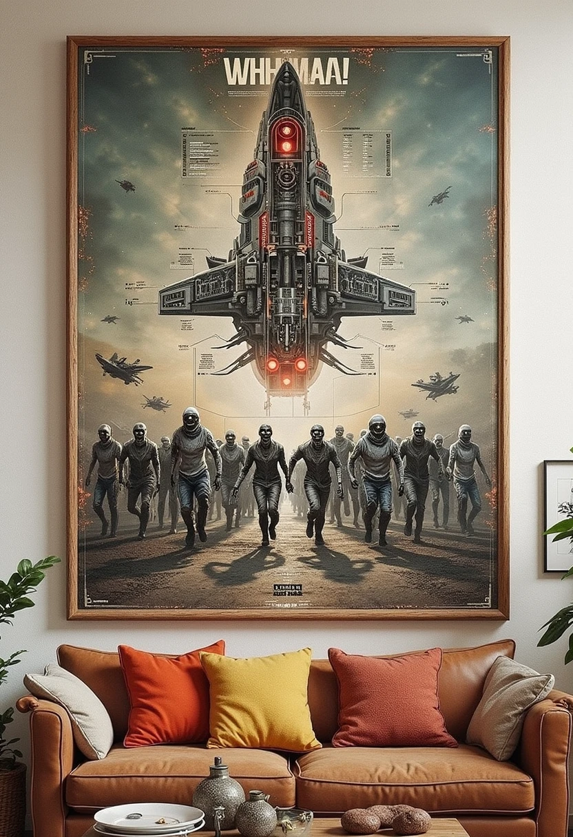 yfg-aarchy hanging symmetrical wall art of a diagram of zombies running screaming with a giant billboard in the background rwads "WHOA!"