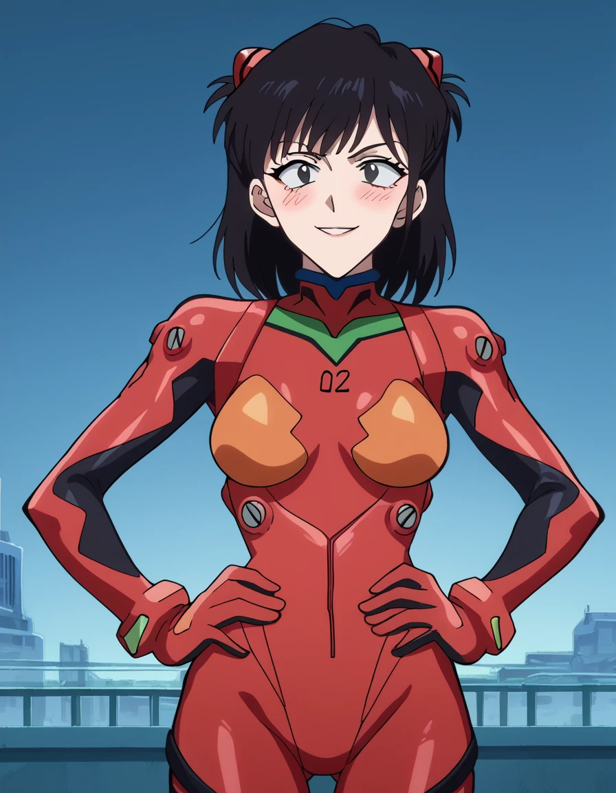 score_9, score_8_up, score_7_up, source_anime, <lora:ling-qiao-s2-ponyxl-lora-nochekaiser:1>, ling qiao, bangs, black hair, medium hair, black eyes, mature female, medium breasts, anime screencap, <lora:souryuu-asuka-langley-cosplay-ponyxl-lora-nochekaiser:1>, souryuuasukalangleycosplay, souryuu asuka langley (cosplay), bodysuit, pilot suit, plugsuit, red bodysuit, interface headset,, cityscape, smile, blush, hands on hips,, , cowboy shot, solo