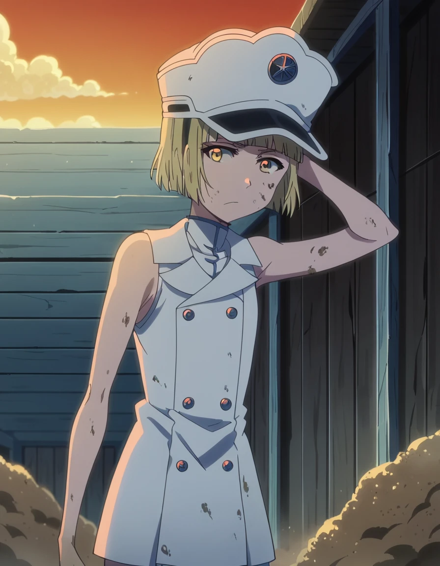 score_9, score_8_up, score_7_up, source_anime, <lora:liltotto-lampered-tybw-ponyxl-lora-nochekaiser:1>, liltotto lampered, short hair, blonde hair, yellow eyes, anime screencap, thighhighs, hat, sleeveless, uniform,, trench, dirt, warfare, shelter, depth, , hand behind head, , looking at viewer, solo,, cowboy shot, solo