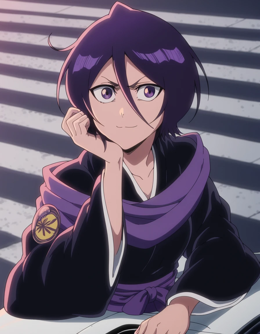 score_9, score_8_up, score_7_up, source_anime, <lora:rukia-kuchiki-tybw-ponyxl-lora-nochekaiser:1>, rukia kuchiki, black hair, hair between eyes, purple eyes, short hair, medium breasts, anime screencap, japanese clothes, kimono, hakama, black kimono, long sleeves, wide sleeves,, road, cars, asphalt, travel, speed, smile, head rest, looking at viewer, solo,, cowboy shot, solo