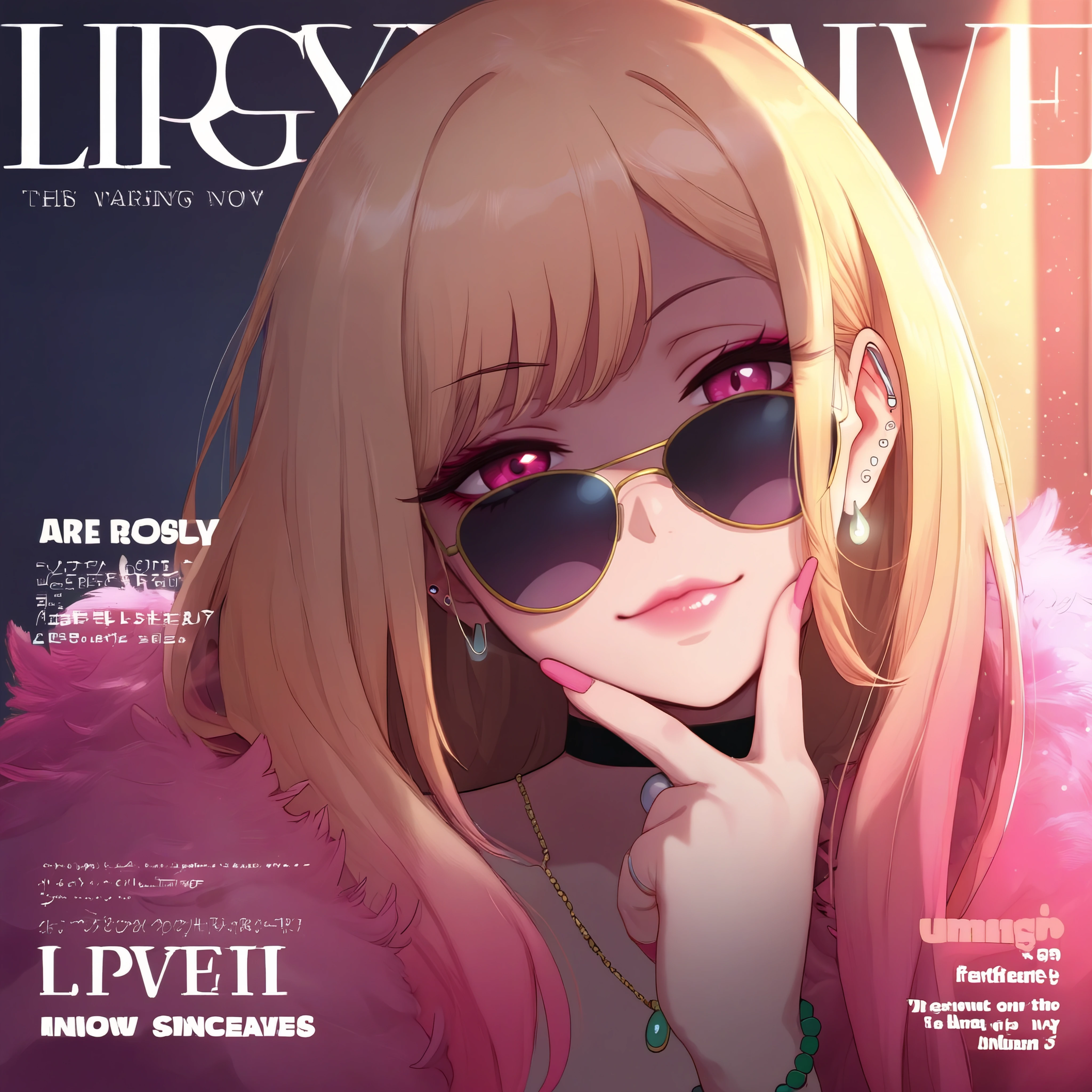 masterpiece, best quality, very aesthetic, fake magazine cover,1girl,(kitagawa marin:0.7),gradient hair,dress,feather boa,choker,jewelry,aviator sunglasses,looking over eyewear,pink eyes,close-up,light particles,pink nails,looking at viewer,head tilt,shaded face,text,lipgloss,finger on own cheek