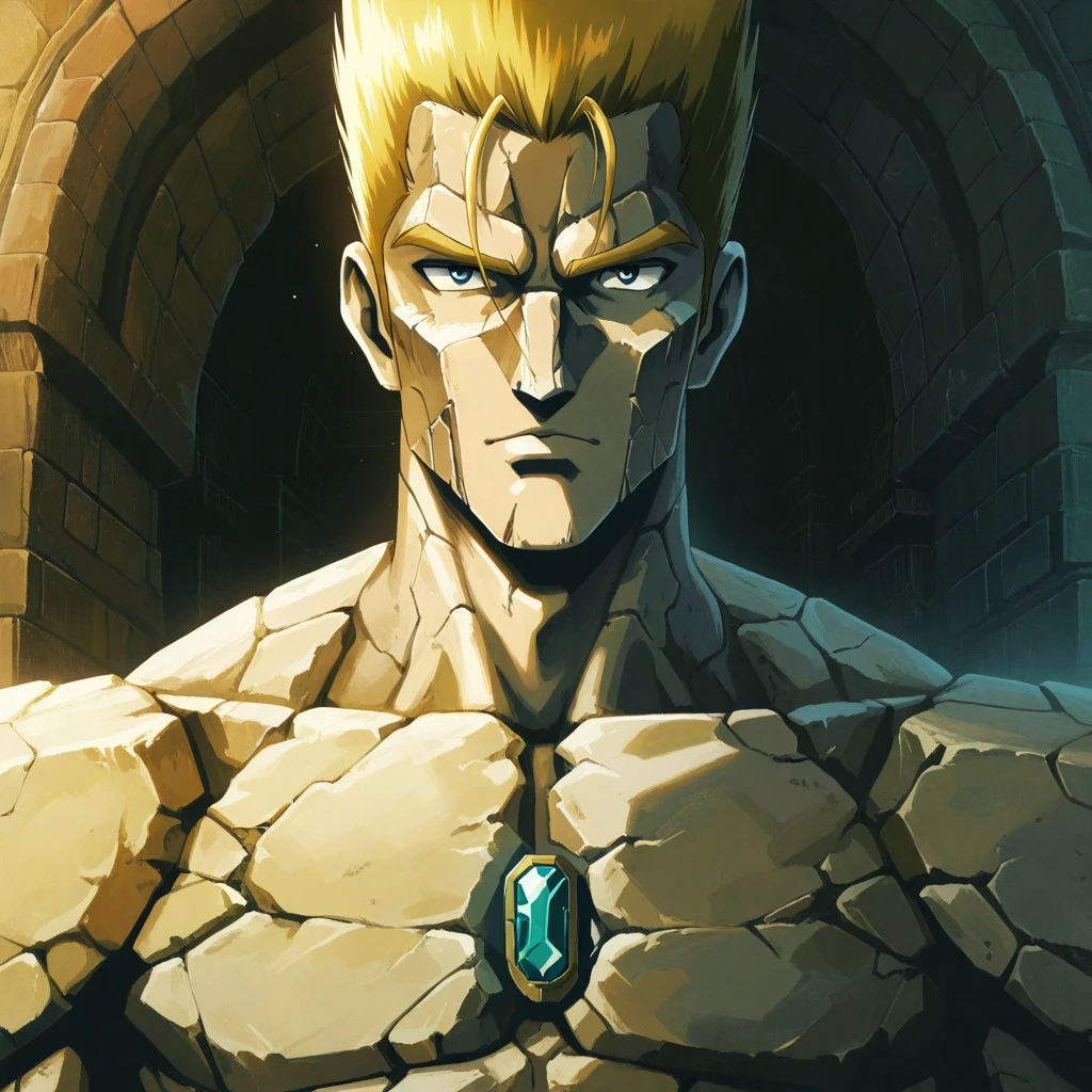 masterpiece, best quality, newest, absurdres, highres, anime, anime style, vintage anime, 90s anime, 1boy, EarthelementalIL-V1.0 GolemIL-V1.0, made of stone, stone,