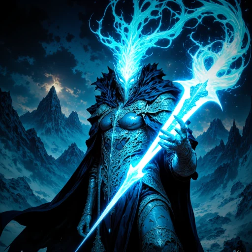 staff, rogue, warrior, spear, blue hues