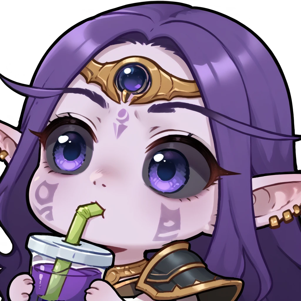 <lora:WoW_Xalatath-PONY:0.8> wowxalatath, solo, elf, purple skin, black sclera, long eyebrows, pointy ears, ear piercing, circlet, facial mark, jewelry, dress, shoulder armor, white background, <lora:Sip_Twitch_Emote:0.8> drinking straw, straw in mouth, chibi, purple juice, score_9, score_8_up, score_7_up, score_6_up,