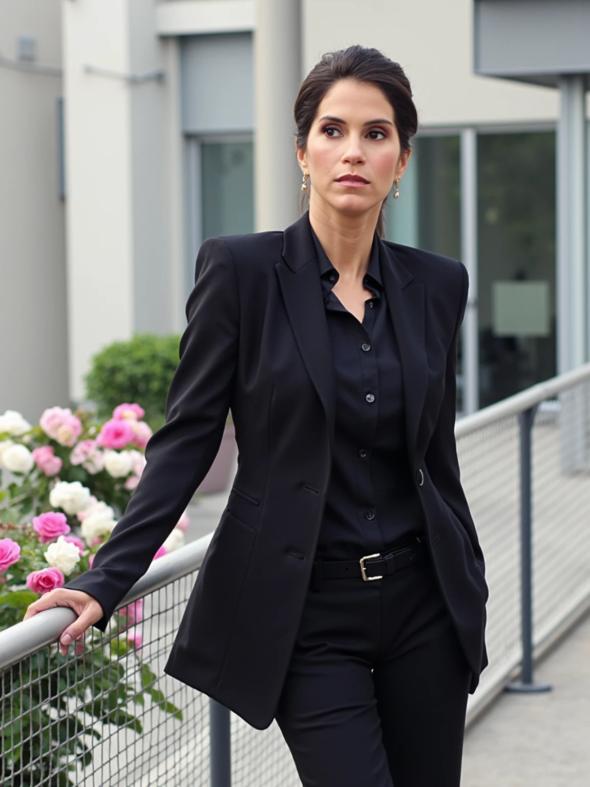 <lora:Jami-Gertz_Flux1D_LOREVER:1>
This is a professional photography featuring JGertz, a woman standing outdoors on a balcony or terrace. She is leaning against a railing with a metal grid pattern, her right hand resting on the railing and her left hand hanging down. She is dressed in a sleek, tailored black suit, consisting of a fitted blazer and matching trousers. The suit is made of a smooth, matte fabric, giving it a polished appearance. Underneath the blazer, she wears a black button-down shirt, which is not visible due to the blazer. Her hair is dark and styled in a neat, high bun, with a few loose strands framing her face. She has a serious, contemplative expression, gazing off to the side.
The background features a modern building with a white wall and large glass doors, hinting at an urban setting. There is a vibrant display of flowering plants to her left, with pink and white flowers adding a pop of color against the predominantly neutral tones of the scene.
